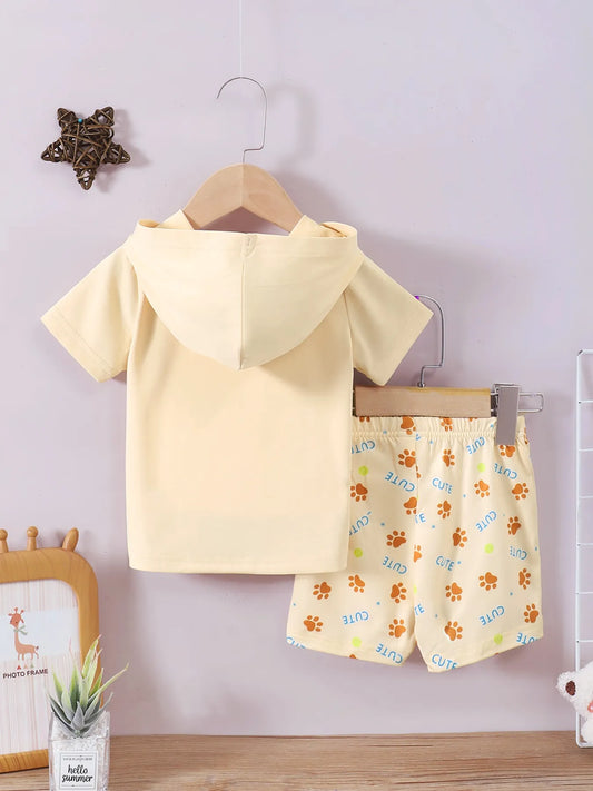 Children's Dog Short Sleeve Hoodie and Shorts Set Pastel Yellow / 6-9M 