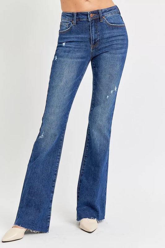 RISEN Full Size Distressed Mid Rise Flare Jeans Plus Size DARK / 0 