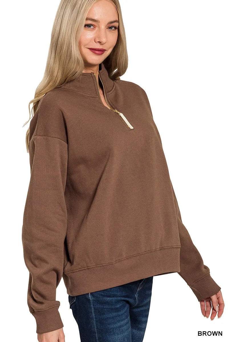 Zenana Fleece Half Zip Sweatshirt BROWN / S 