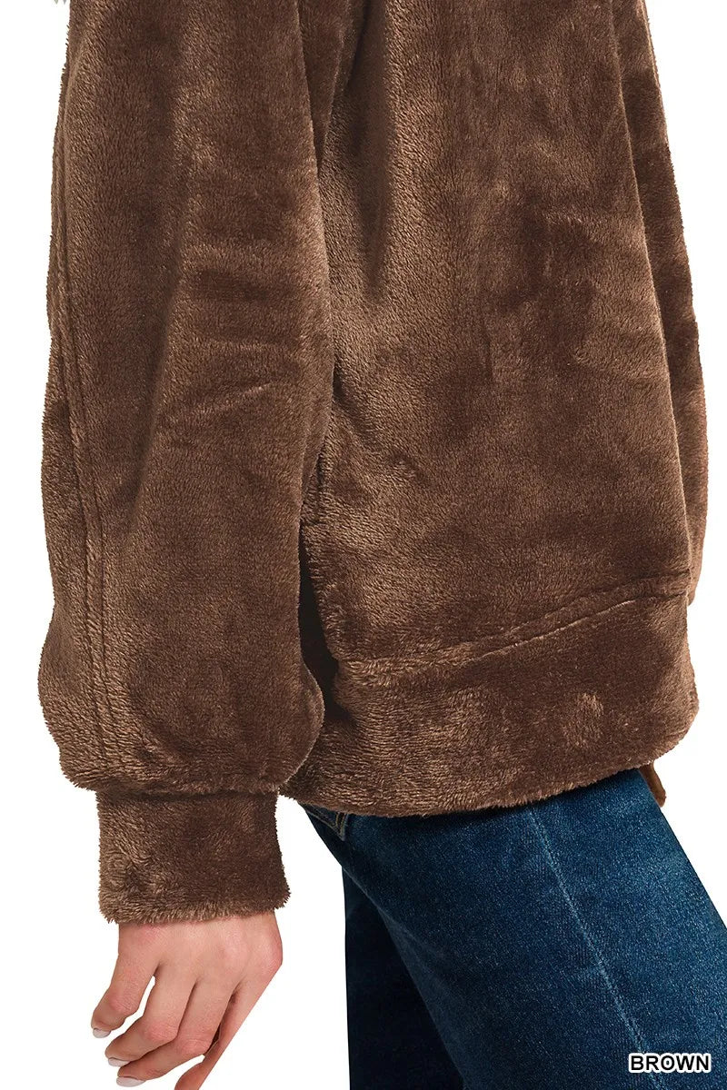 Zenana Faux Fur Half Zip Pocket Pullover BROWN / S 