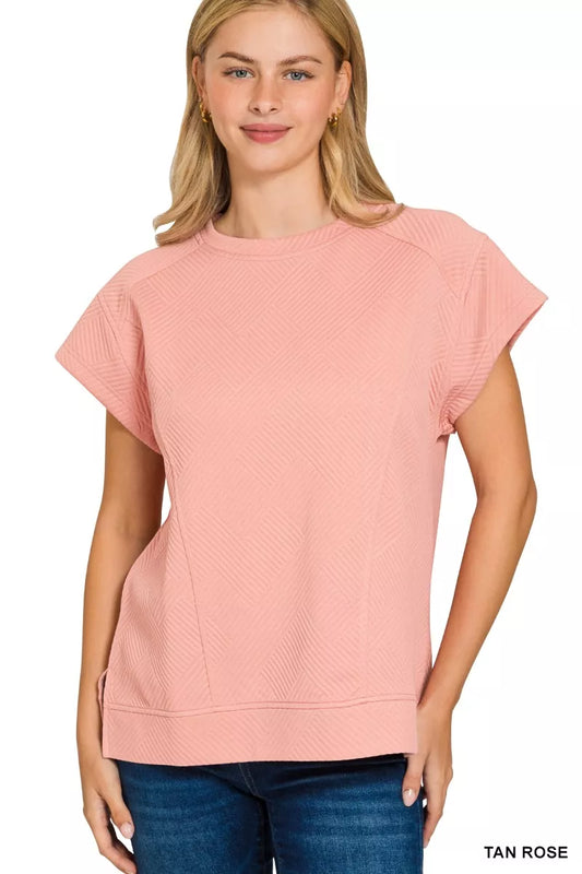 Zenana Textured Knit Jacquard Short Sleeve Top TAN ROSE / S 