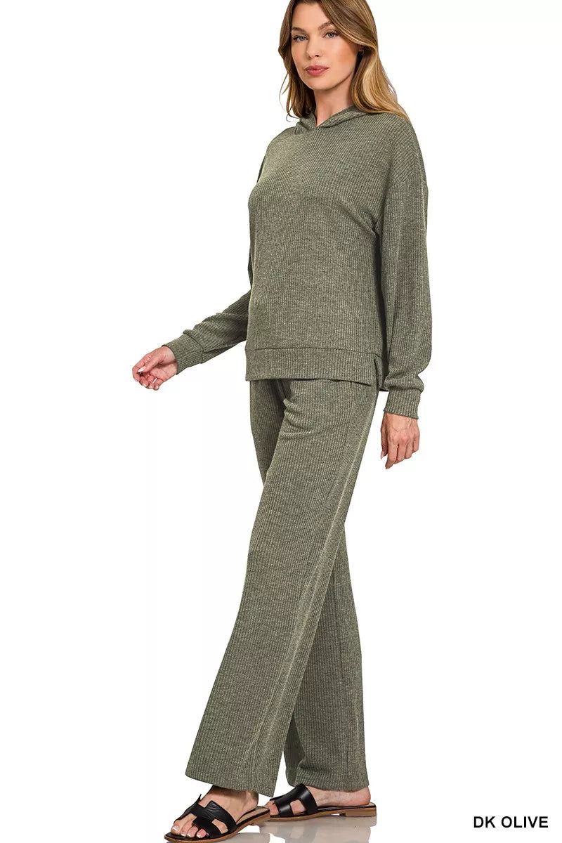 Zenana Ribbed Long Sleeve Hoodie DK OLIVE / S 