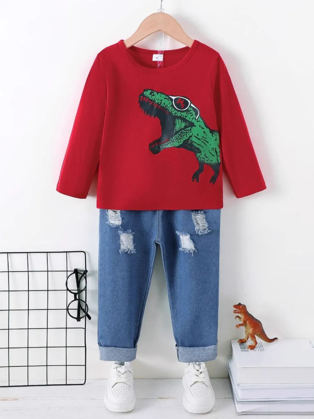 Dinosaur Round Neck Long Sleeve Top and Distressed Pants Set Deep Red / 4Y 