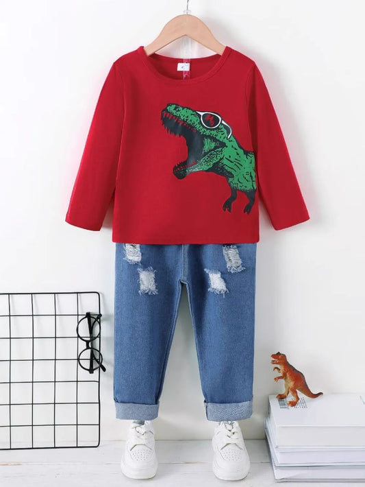 Dinosaur Round Neck Long Sleeve Top and Distressed Pants Set Deep Red / 4Y 
