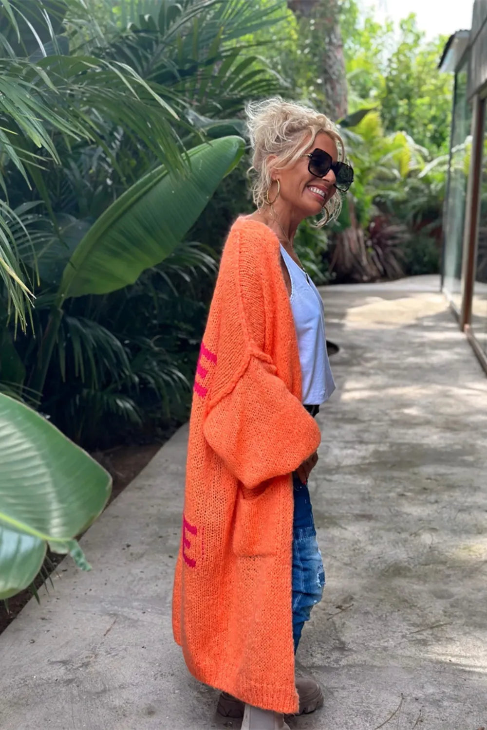 Letter Dropped Shoulder Long Sleeve Cardigan Deep Rose / S/M 