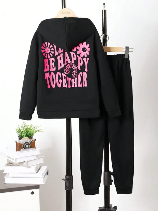 Children's Graphic Long Sleeve Hoodie and Pants Set Black / 8Y 