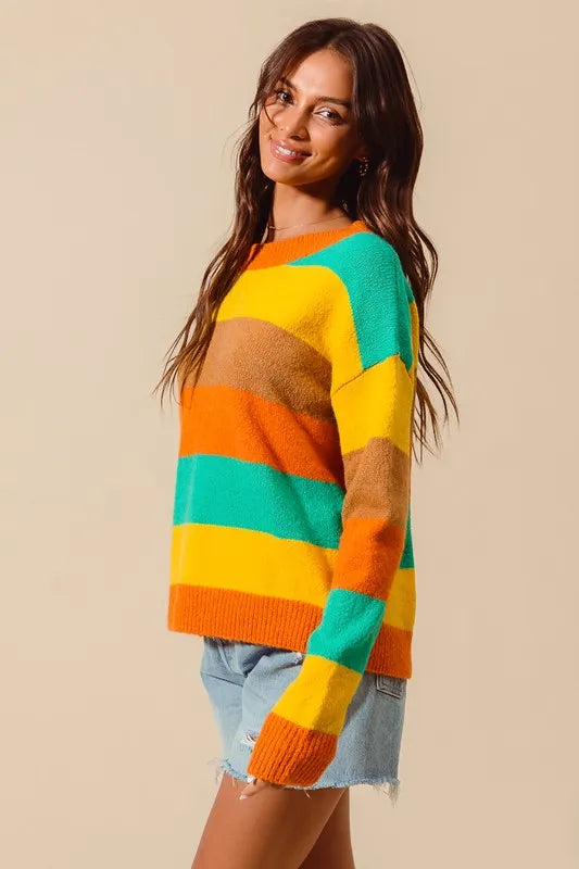 SO ME Multi Color Stripe Sweater with Ribbed Detail RUS/JAD/MUST/COFF / S 