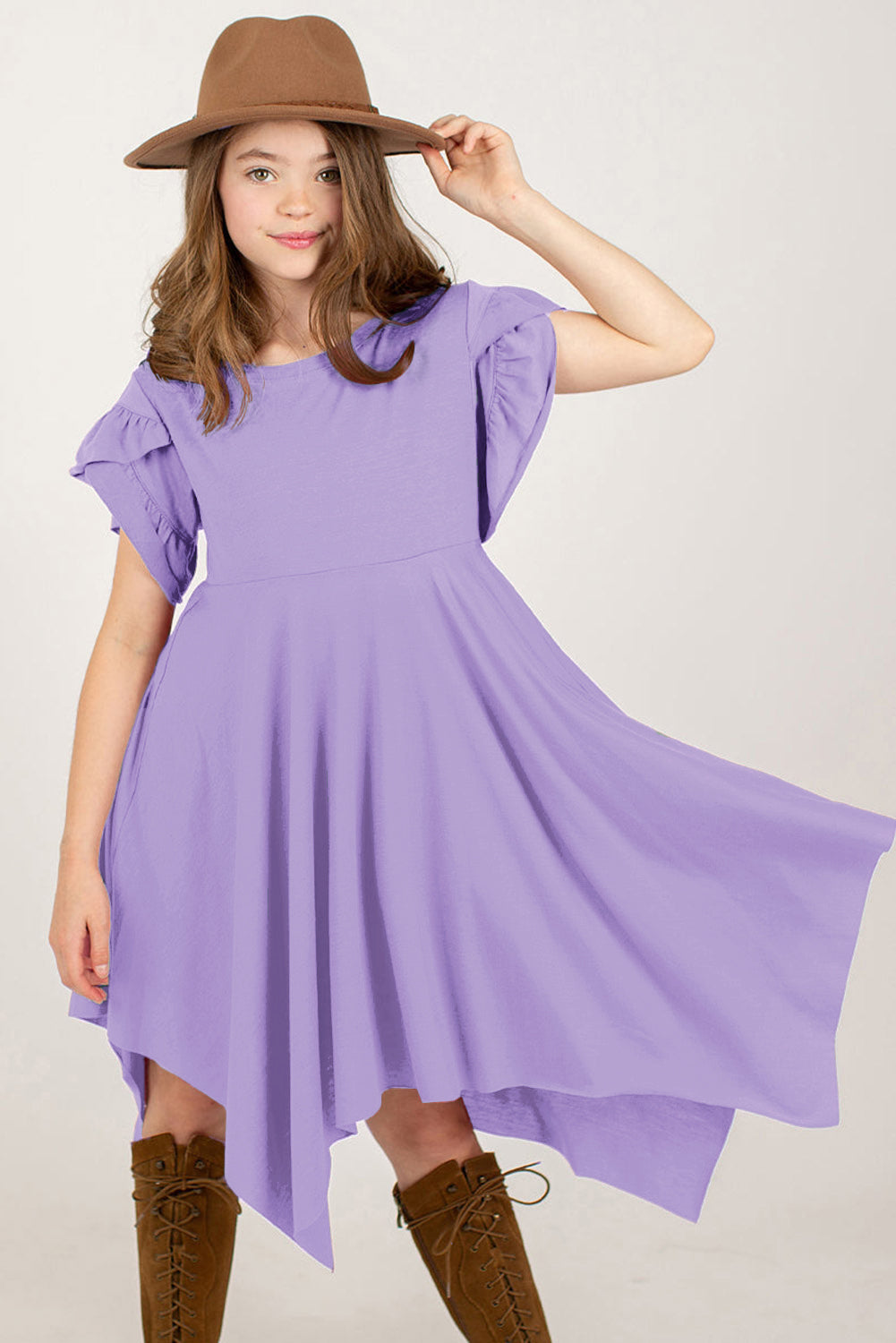 Round Neck Petal Sleeve Dress Lavender / S 