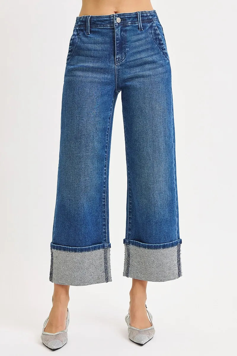RISEN High Rise Ankle Wide Rhine Stone Cuffed Jeans DARK / 0 