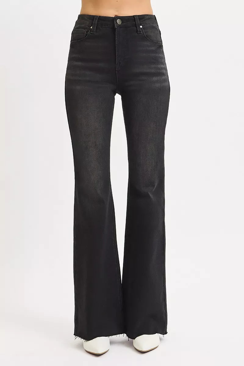 RISEN Full Size High Rise Flare Raw Cut Hem Jeans Plus Size BLACK / 0 