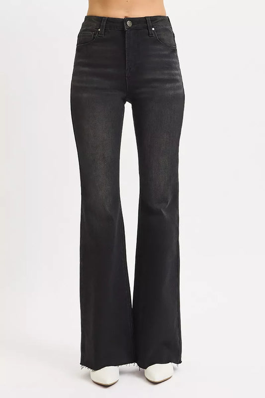 RISEN Full Size High Rise Flare Raw Cut Hem Jeans Plus Size BLACK / 0 