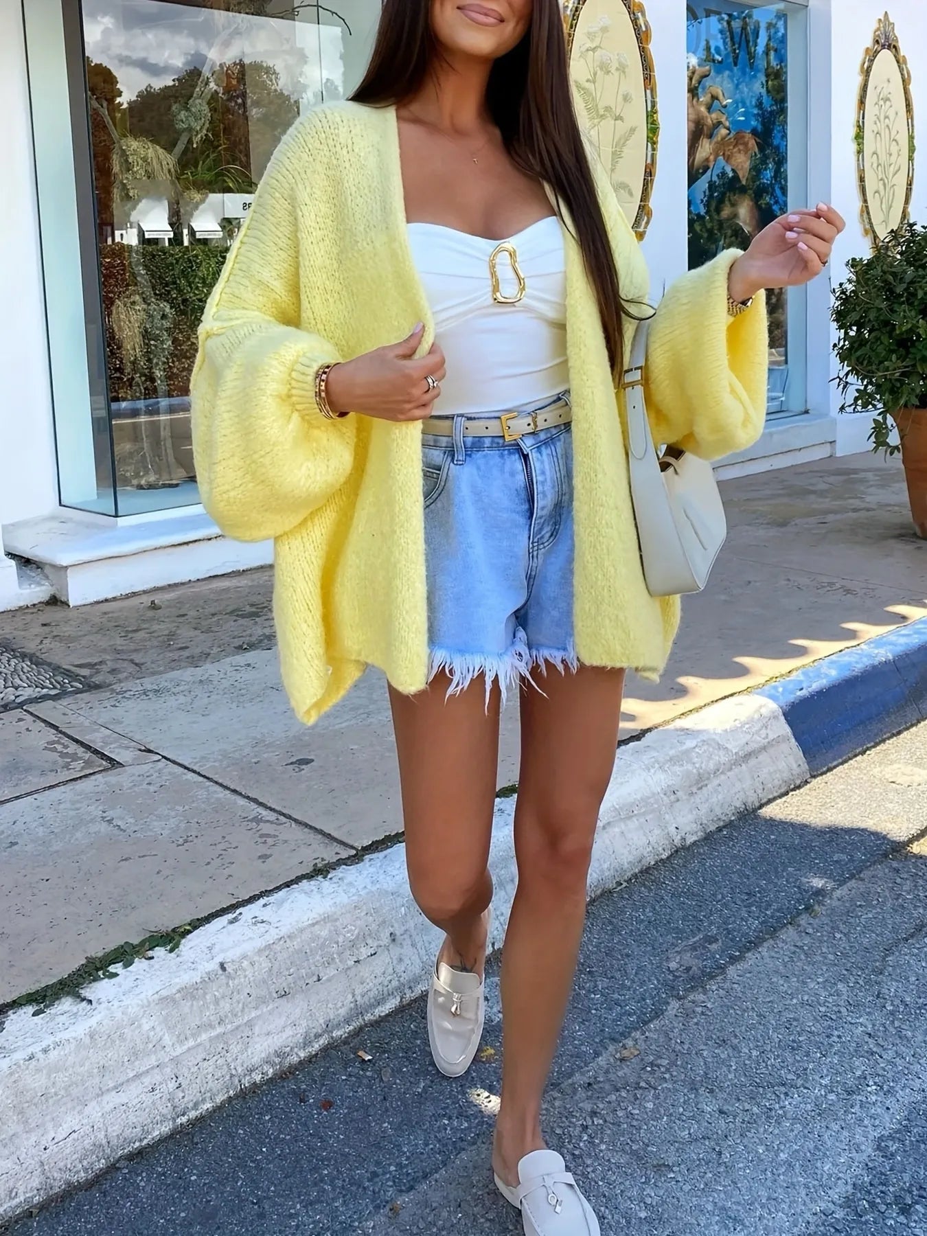 Open Front Long Sleeve Cardigan Yellow / S 
