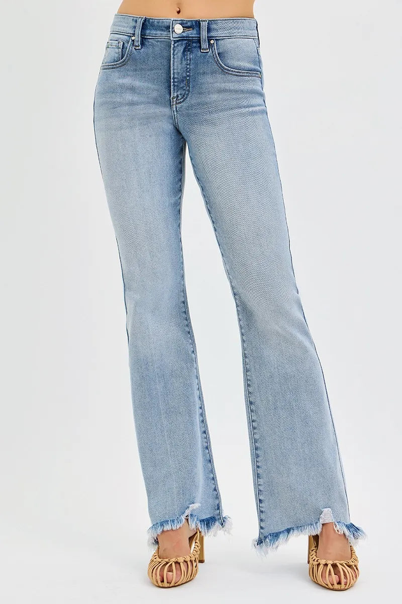 RISEN Full Size Tummy Control Mid Rise Flare Jeans with Fray Hem Detailed Plus Size MEDIUM / 0 