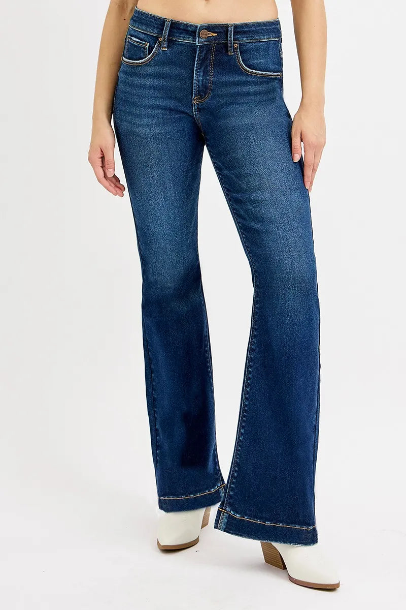 RISEN Full SIze Tummy Control Mid Rise Flare Jeans Plus SIze DARK / 0 