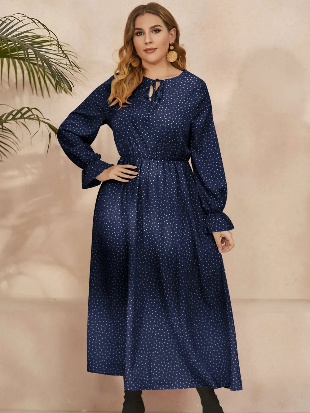 Honey Plus Size Ruffled Polka Dot Long Sleeve Midi Dress Navy / 0XL 