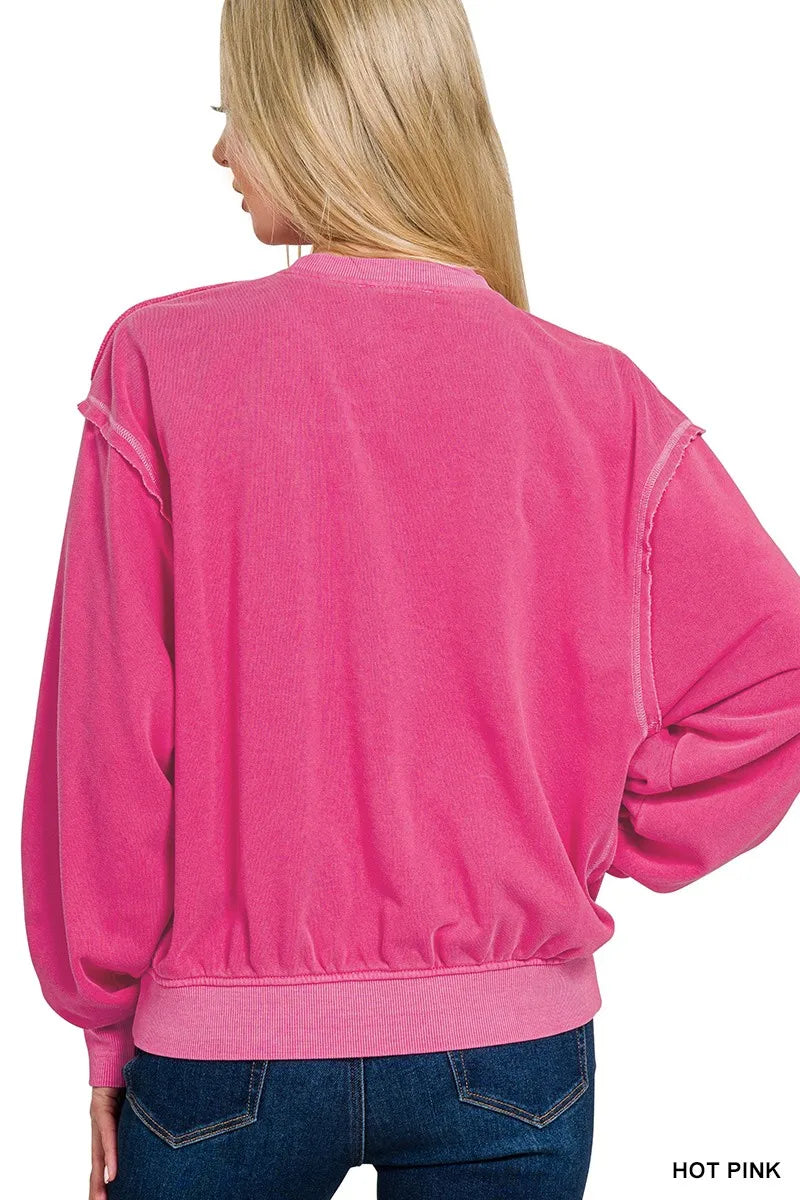 Zenana Soft Fleece Pigment Dye Round Neck Pullover HOT PINK / S 