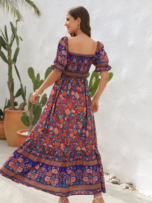 Floral Flounce Sleeve Midi Dress Caramel / S 