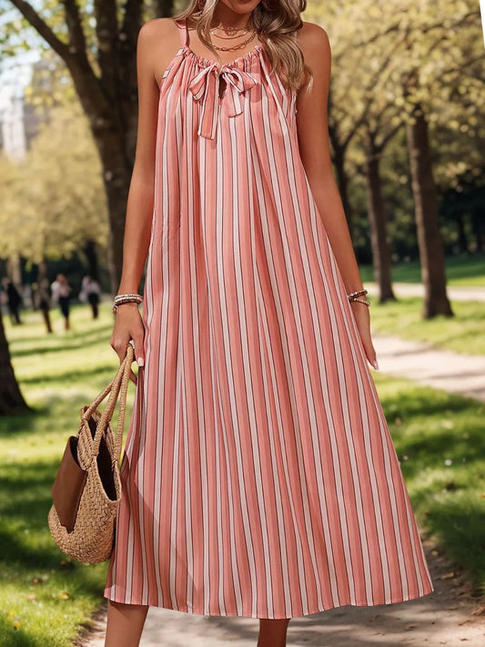 Perfee Striped Tie Neck Midi Cami Dress Burnt Coral / S 