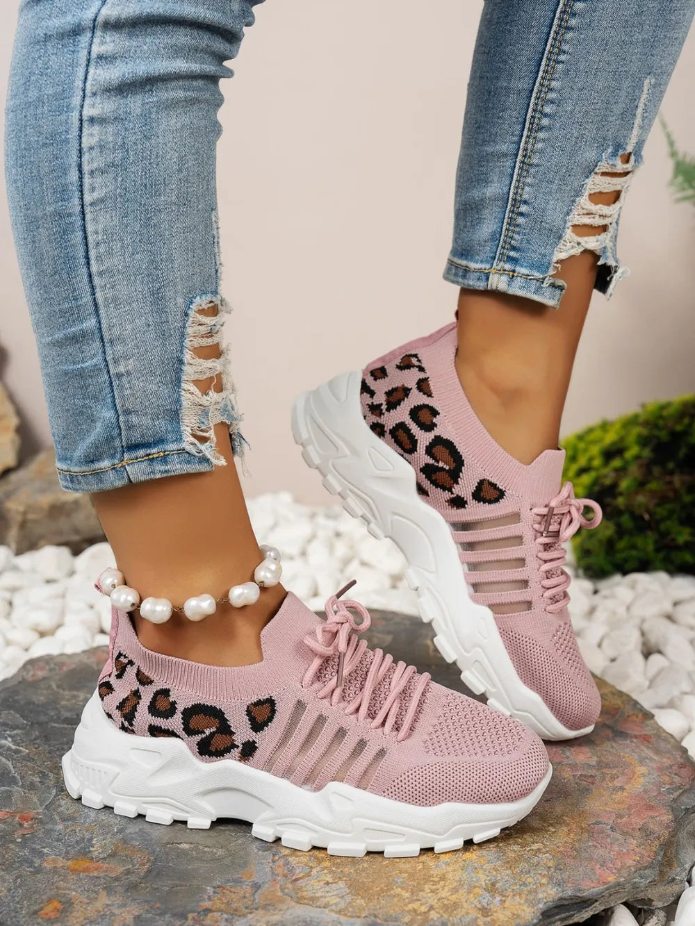 Cutout Leopard Lace Up Mesh Athletic Black / 36(US5) 