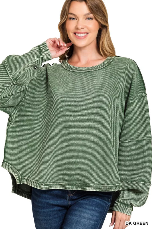Zenana Acid Washed Exposed-Seam Sweatshirt DK GREEN / S/M 