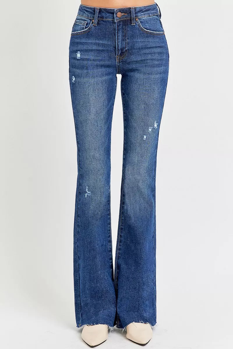 RISEN Full Size Distressed Mid Rise Flare Jeans Plus Size DARK / 0 