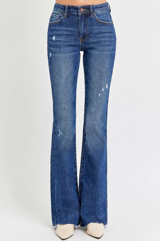 RISEN Full Size Distressed Mid Rise Flare Jeans Plus Size DARK / 0 