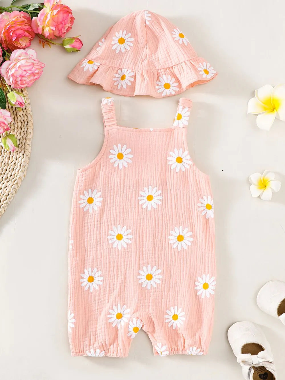 Children's Daisy Textured Wide Strap Romper and Hat Set Watermelon pink / 0-3M 