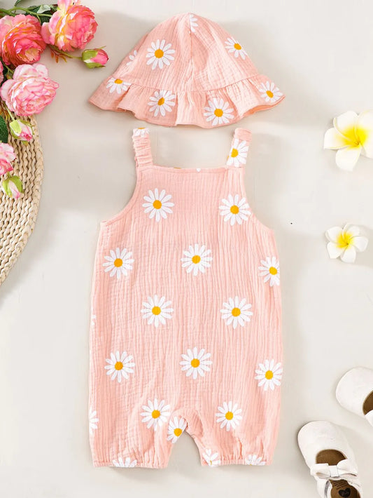 Children's Daisy Textured Wide Strap Romper and Hat Set Watermelon pink / 0-3M 
