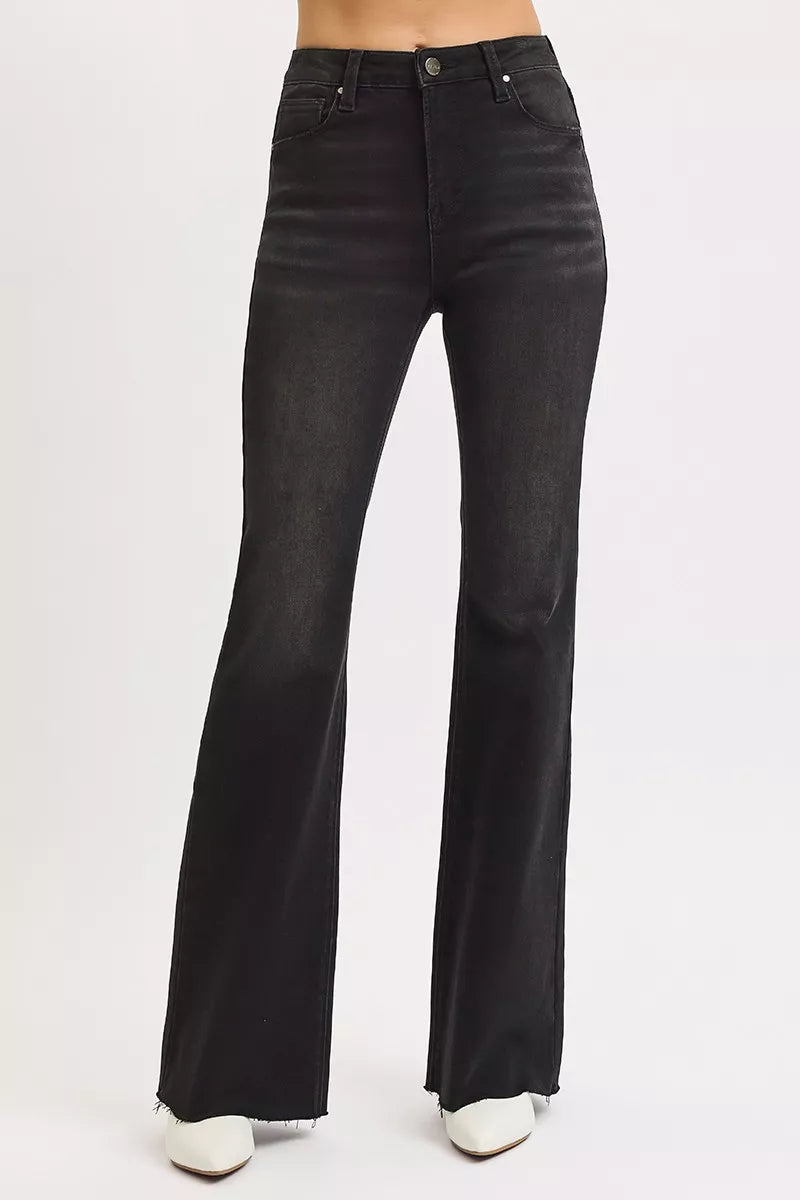RISEN Full Size High Rise Flare Raw Cut Hem Jeans Plus Size BLACK / 0 