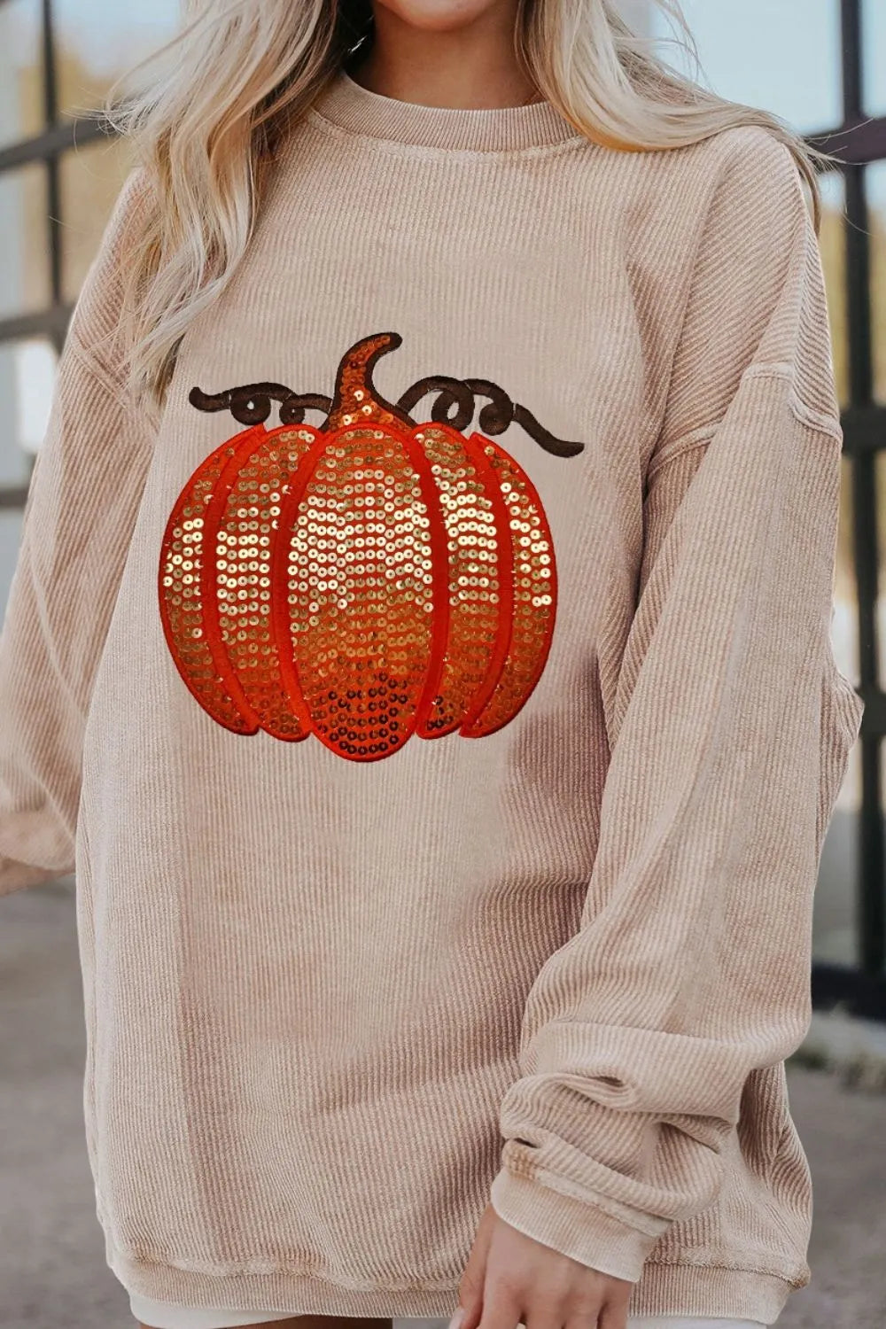 Sequin Pumpkin Round Neck Long Sleeve Sweatshirt Sherbet / S 