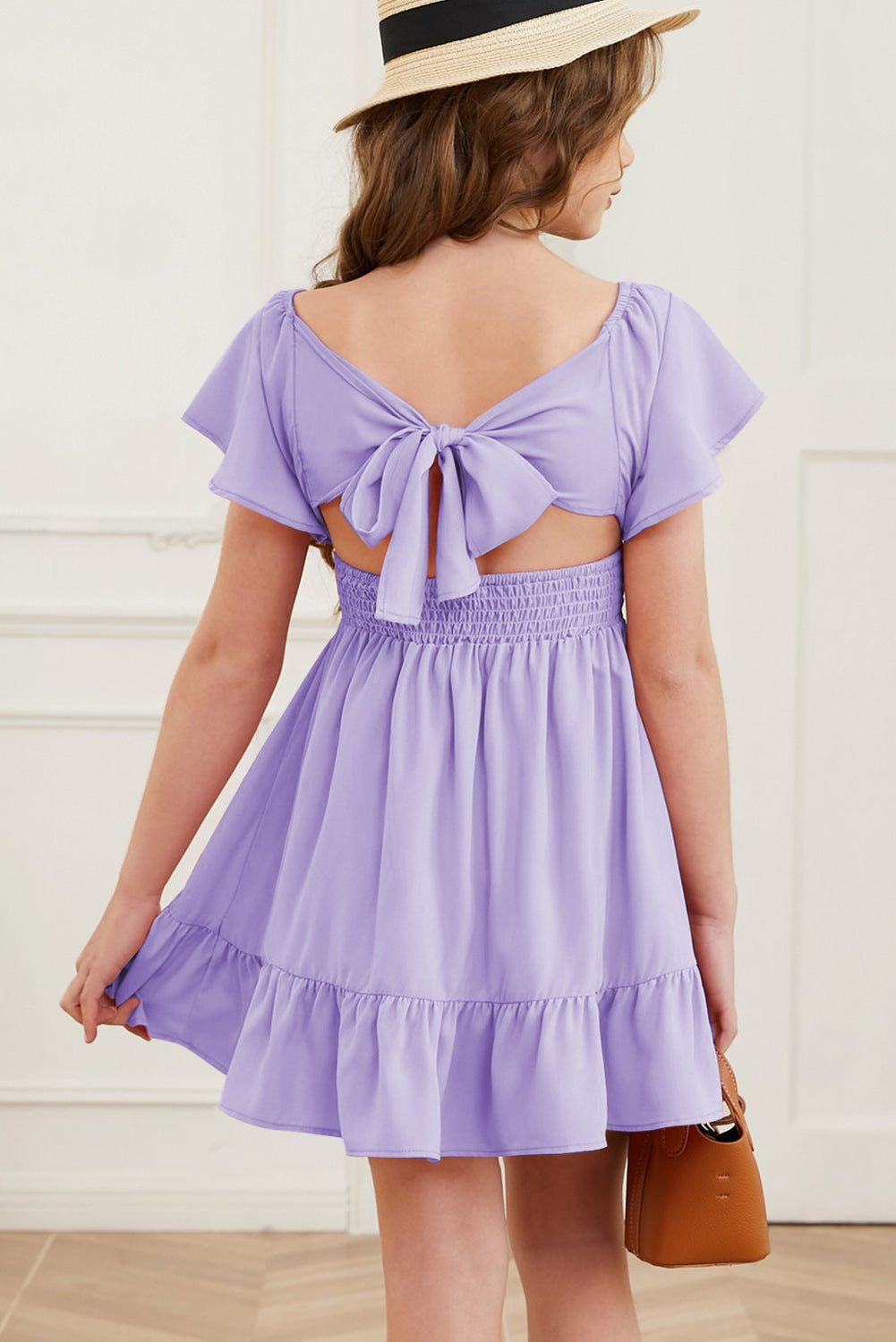 Ruffle Hem Tie-Back Flutter Sleeve Dress Lavender / S 
