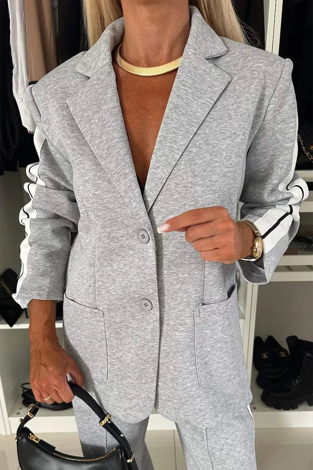 Full Size Contrast Lapel Collar Top and Pants Set Light Gray / S 
