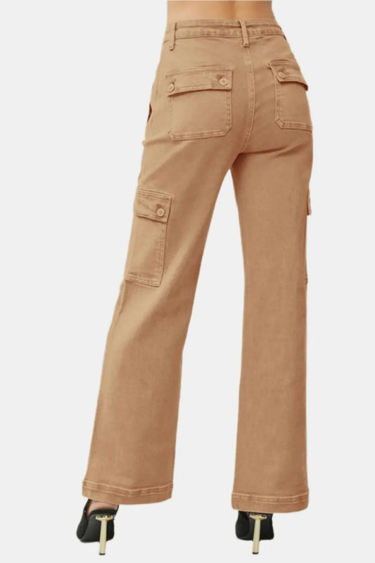 RISEN Full Size High Rise Wide Leg Cargo Jeans Cocoa / 0(24) 