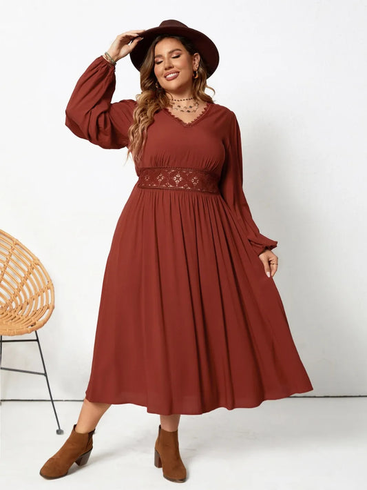 Plus Size Lace Detail V-Neck Balloon Sleeve Dress Brown / 0XL 
