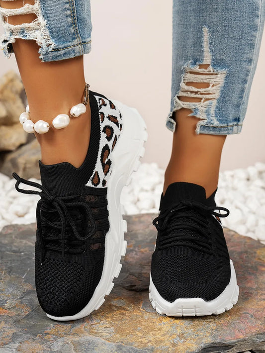 Cutout Leopard Lace Up Mesh Athletic Black / 36(US5) 