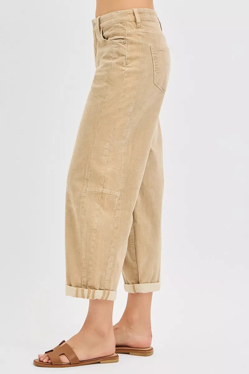 RISEN High Rise Crop Barrel Cordurory Pants TAN / 0 