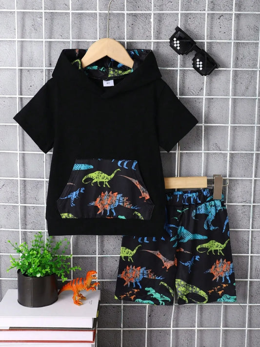 Children's Dinosaur Short Sleeve Hooded Top and Pants Set Black / 3-4 