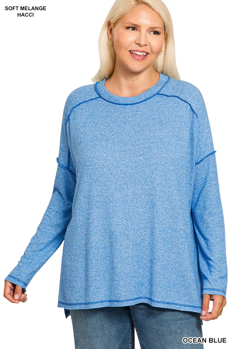 Zenana Full Size Melange Hacci Exposed Seam Hi-low Tee Plus Size OCEAN BLUE / S/M 