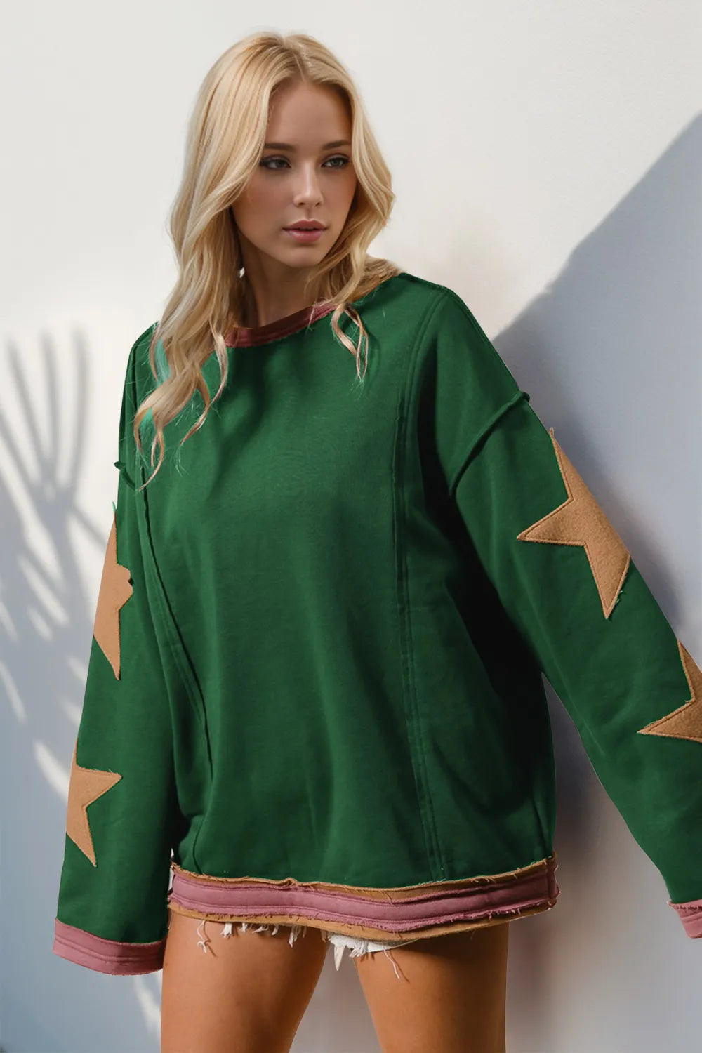 Double Take Star Patched Long Sleeve Sweatshirt Moss / S 