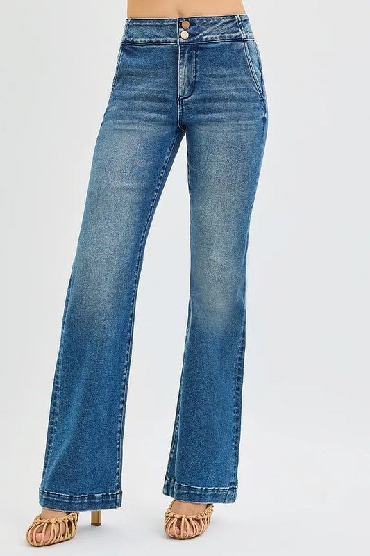 RISEN Full Size Tummy Control High Rise Bootcut Jeans with Double Button Waistband Plus Size DARK / 0 