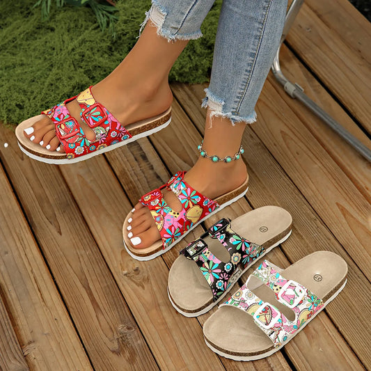 Printed Double Buckle Sandals Black / 36 