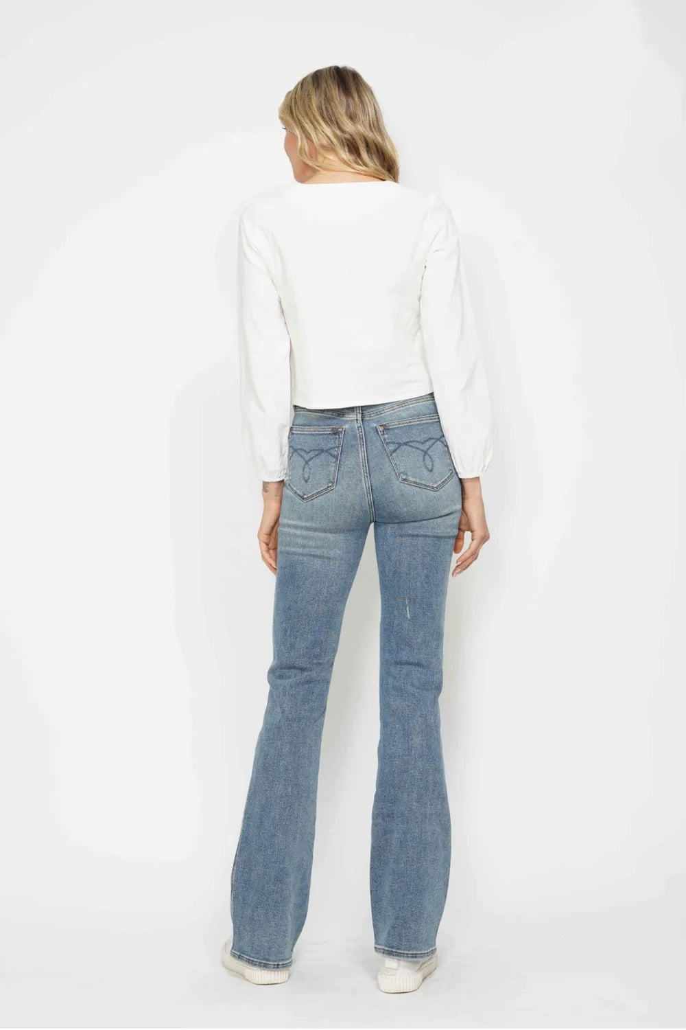 Judy Blue Full Size Tummy Control Back Embroidered Pocketed Bootcut Jeans Plus Size SHORT INSEAM / 0/24 