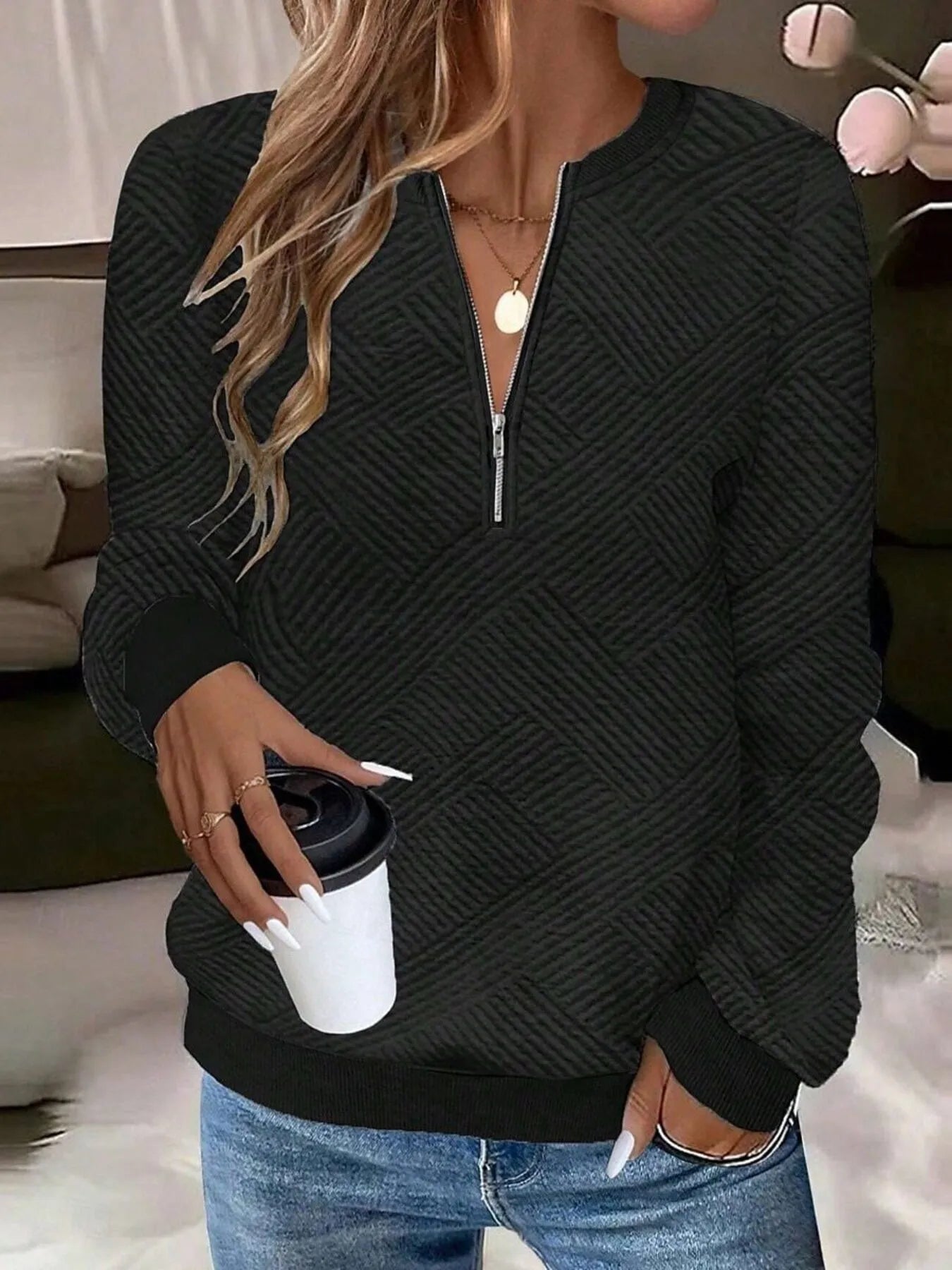 Quarter Zip Textured Long Sleeve Sweatshirt Gray / S 