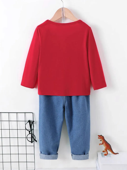 Dinosaur Round Neck Long Sleeve Top and Distressed Pants Set Deep Red / 4Y 