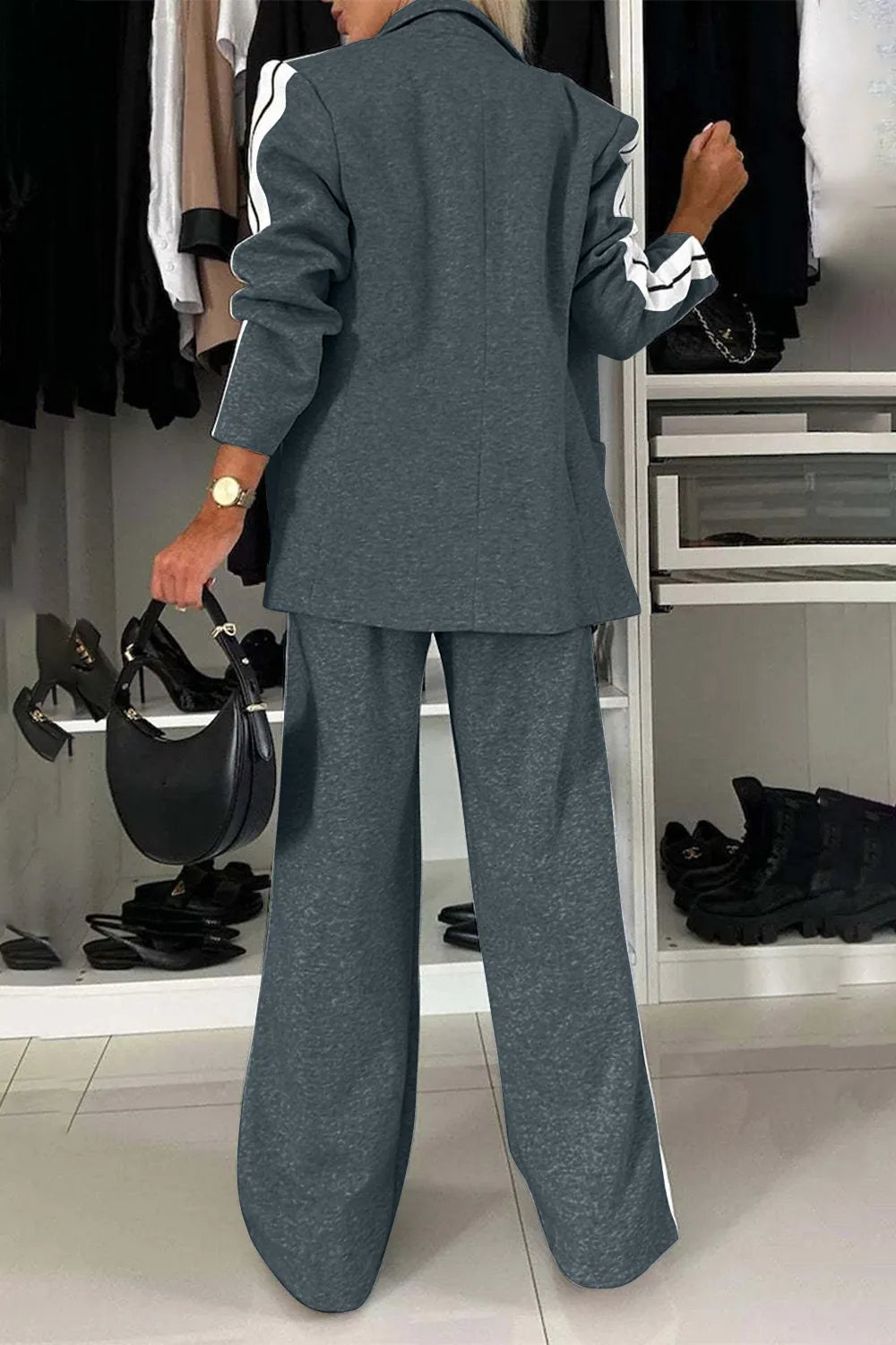 Full Size Contrast Lapel Collar Top and Pants Set Light Gray / S 