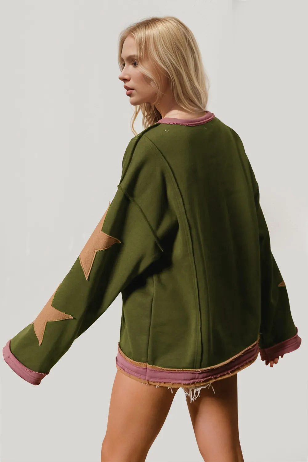 Double Take Star Patched Long Sleeve Sweatshirt Moss / S 