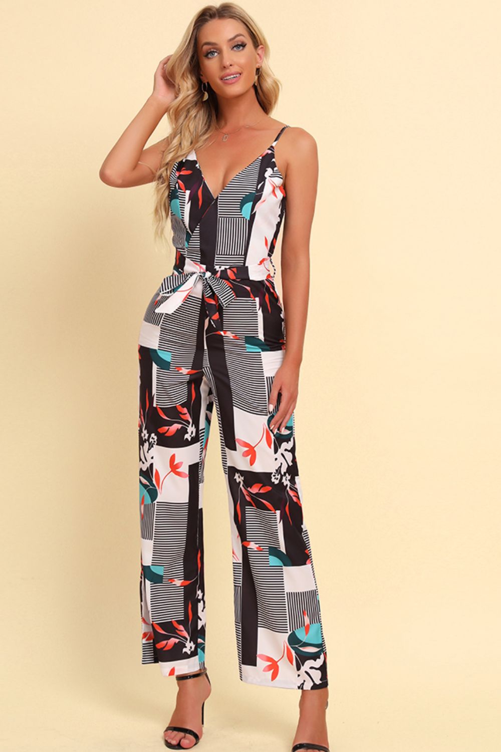 Printed Spaghetti Strap Tied Jumpsuit White / S 