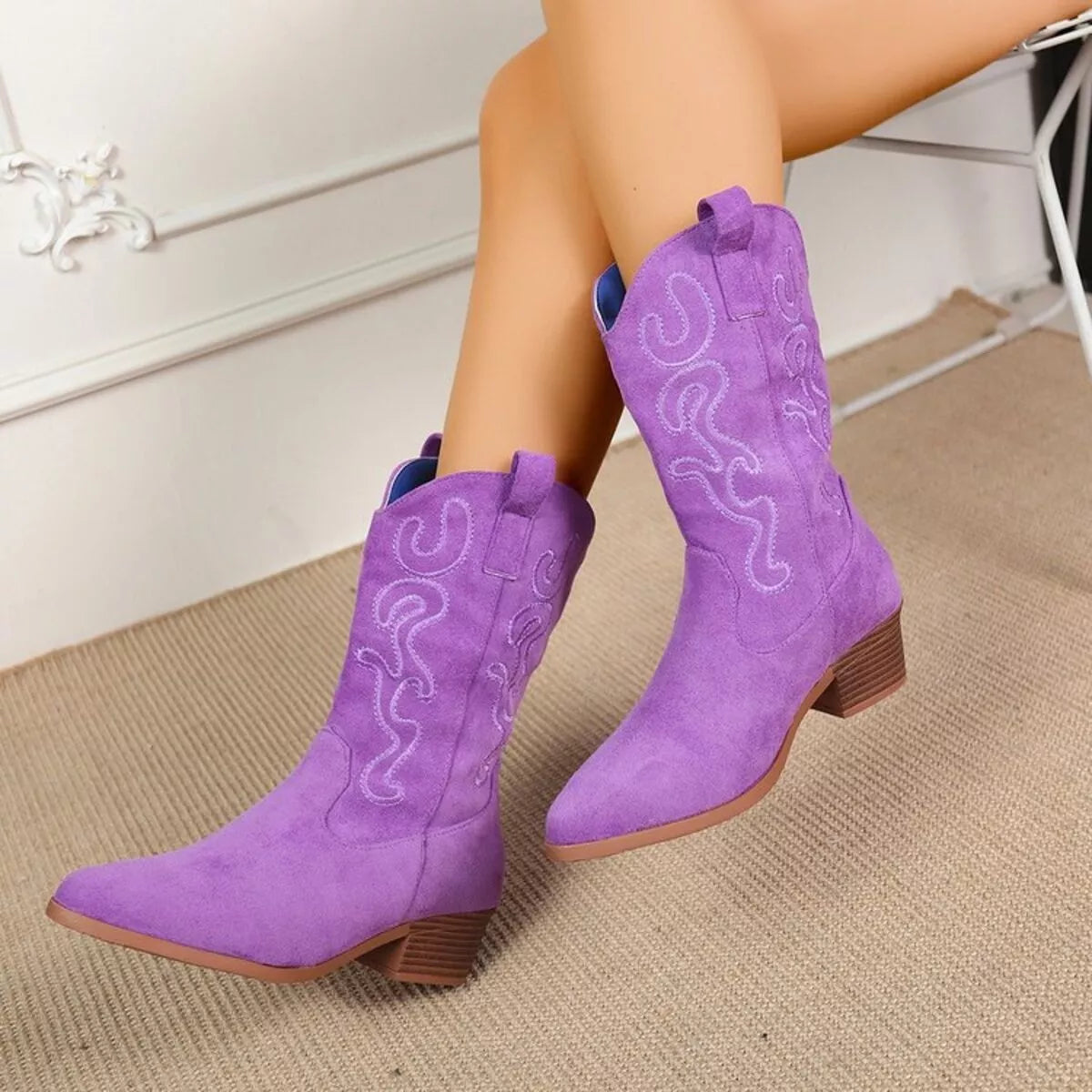 Point Toe Block Heels Boots Purple / 36 