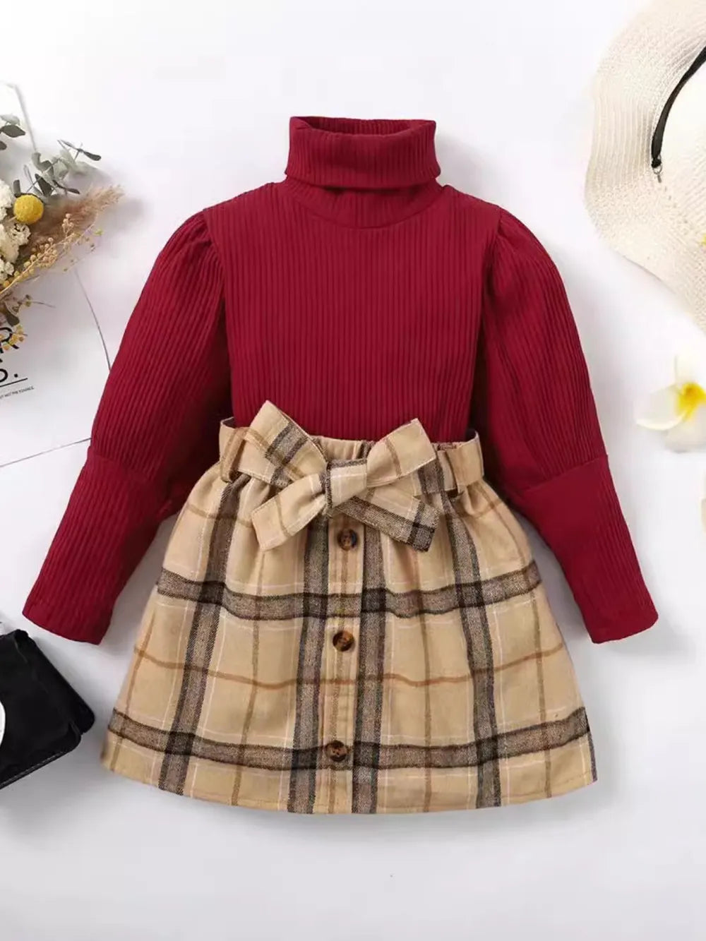 Turtleneck Long Sleeve Top and Skirt Set Deep Red / 18-24M 