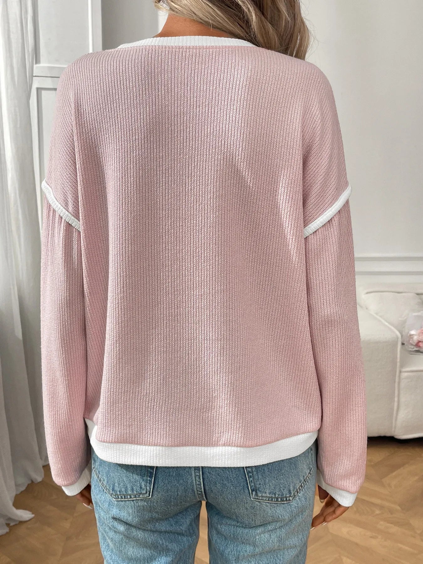 Ribbed Contrast Trim Long Sleeve Top Blush Pink / S 